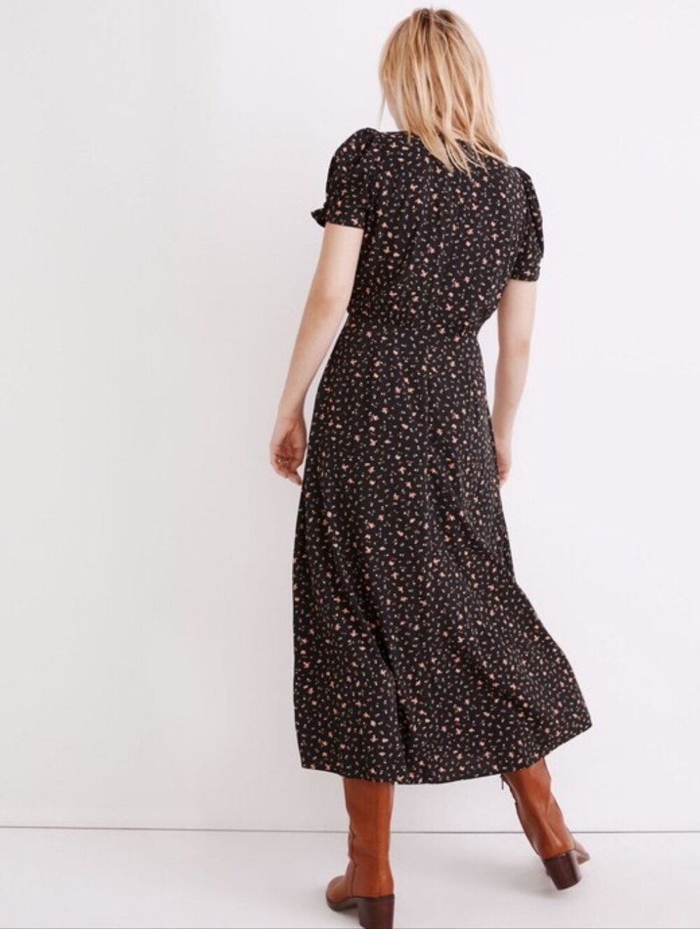 Madewell Black Floral Faux Wrap-Style Midi Dress Size 10 - Picture 2 of 12